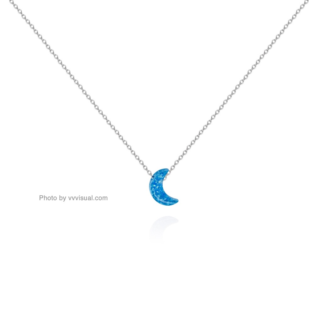 Sterling Silver Blue Opal Moon Pendant Necklace